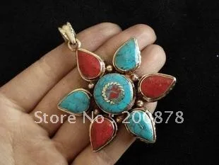 

Tibet JewelryTBP232 Nepal brass big flower Pendants,55mm,Tibetan vintage metal inlaid turquoise coral clips,coloful,low MOQ