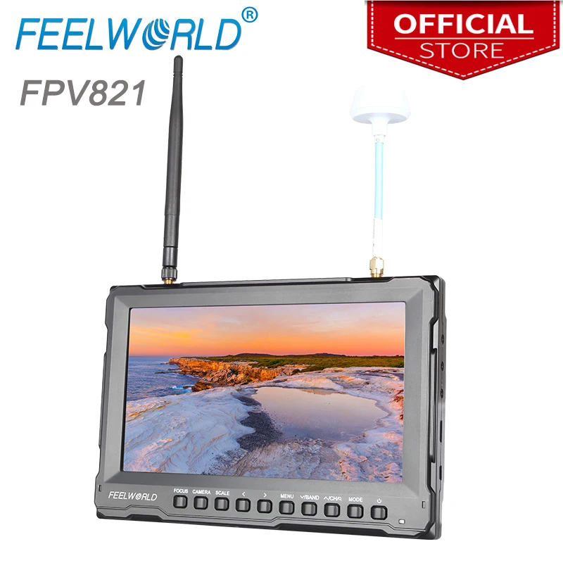 

Feelworld FPV821 8 Inch FPV Monitor with Built-in Battery Dual 5.8G 32CH Diversity Receiver 8" Wireless Drone UAV LCD Monitor