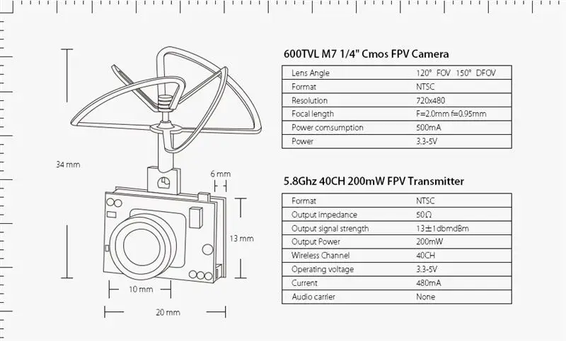 TX02 супер мини AIO 5,8G 40CH 200mW VTX 600TVL 1/4 Cmos FPV камера для FPV мультикоптера