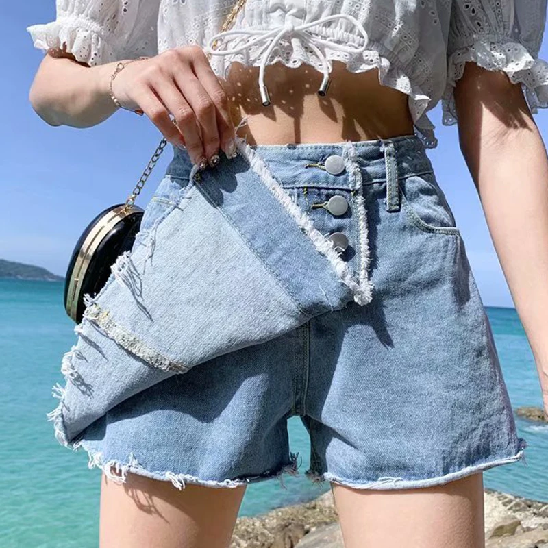 

Fashion Summer Female Vintage High Waist Button Fly Ripped Washed Scratched Hole Jeans Shorts Women Denim Shorts