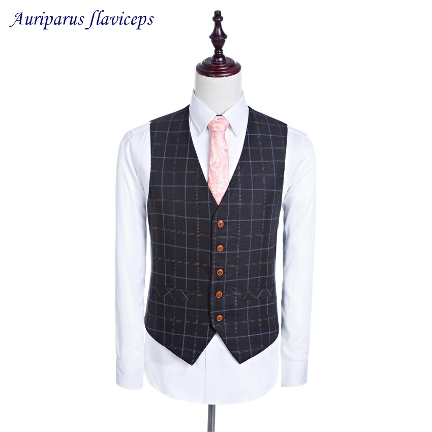 

New Wool Blend Navy Blue Plaid Men Vest Slim Fit Wedding Suit For Men's Tailor Made Waistcoat For Groomsman (Pants+Vest)