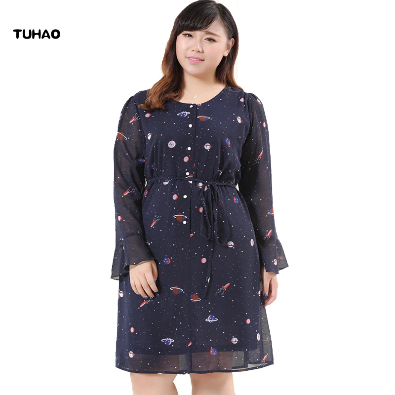 

TUHAO plus size 5XL 6XL 7XL 8XL 9XL 10XL Flare sleeve women chiffon dress autumn female clothing print women's dresses MS07