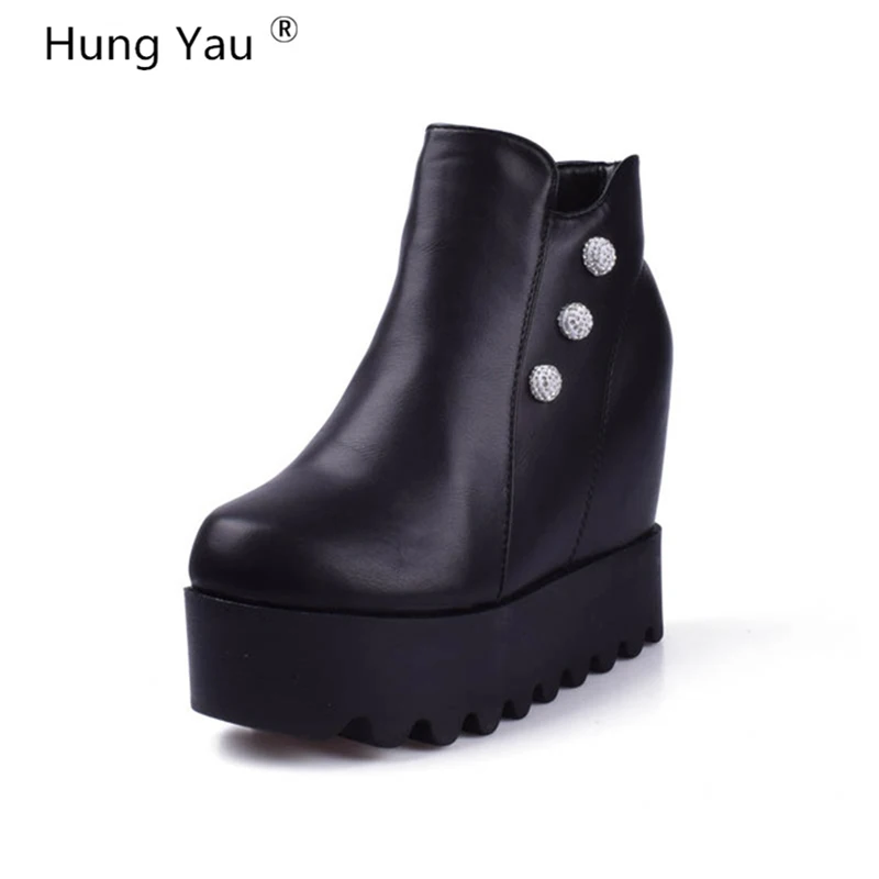 

Hung Yau Women Thick Soled Platform Shoes PU Leather Waterproof Creepers Casual Shoes Woman Flats Leather Black Shoes Size 35-39