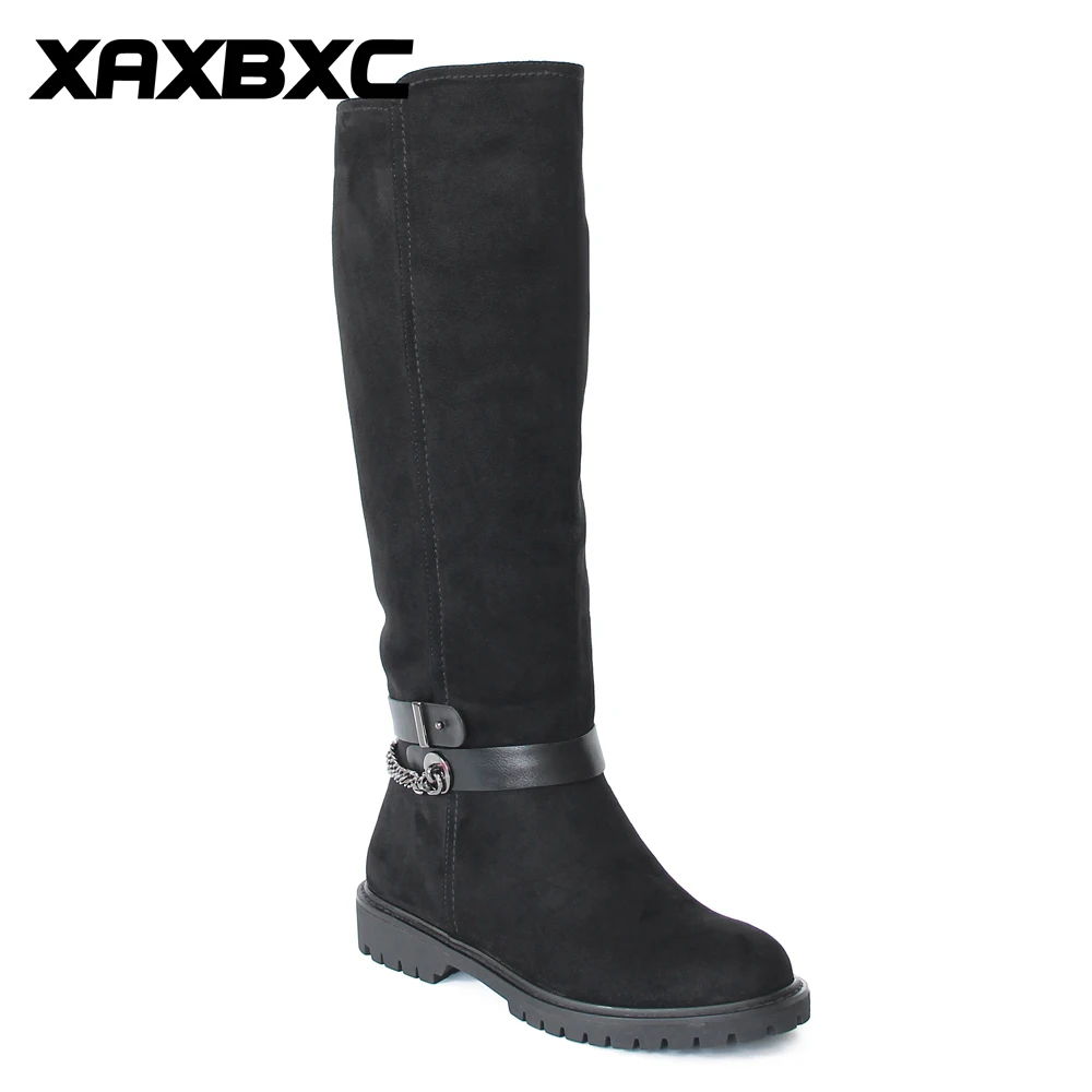 

XAXBXC Retro British Style Pu Leather Plush Black Long Boots Women Boots Metal Chain Round Toe Handmade Casual Lady Shoes