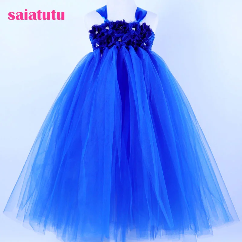 

sapphire royal blue tutu Girls Dress Mesh crystal Children Wedding Party Dresses Kids Evening Ball Gowns Formal Frocks Cloth
