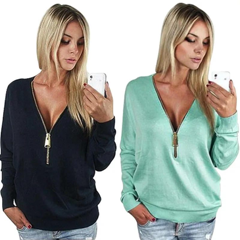 Hot Sale Long Sleeve Women T-shirt 2016 Fashion New Solid Casual t-shirt Leisure V-neck Zipper Sexy T shirt MTS1 (4)