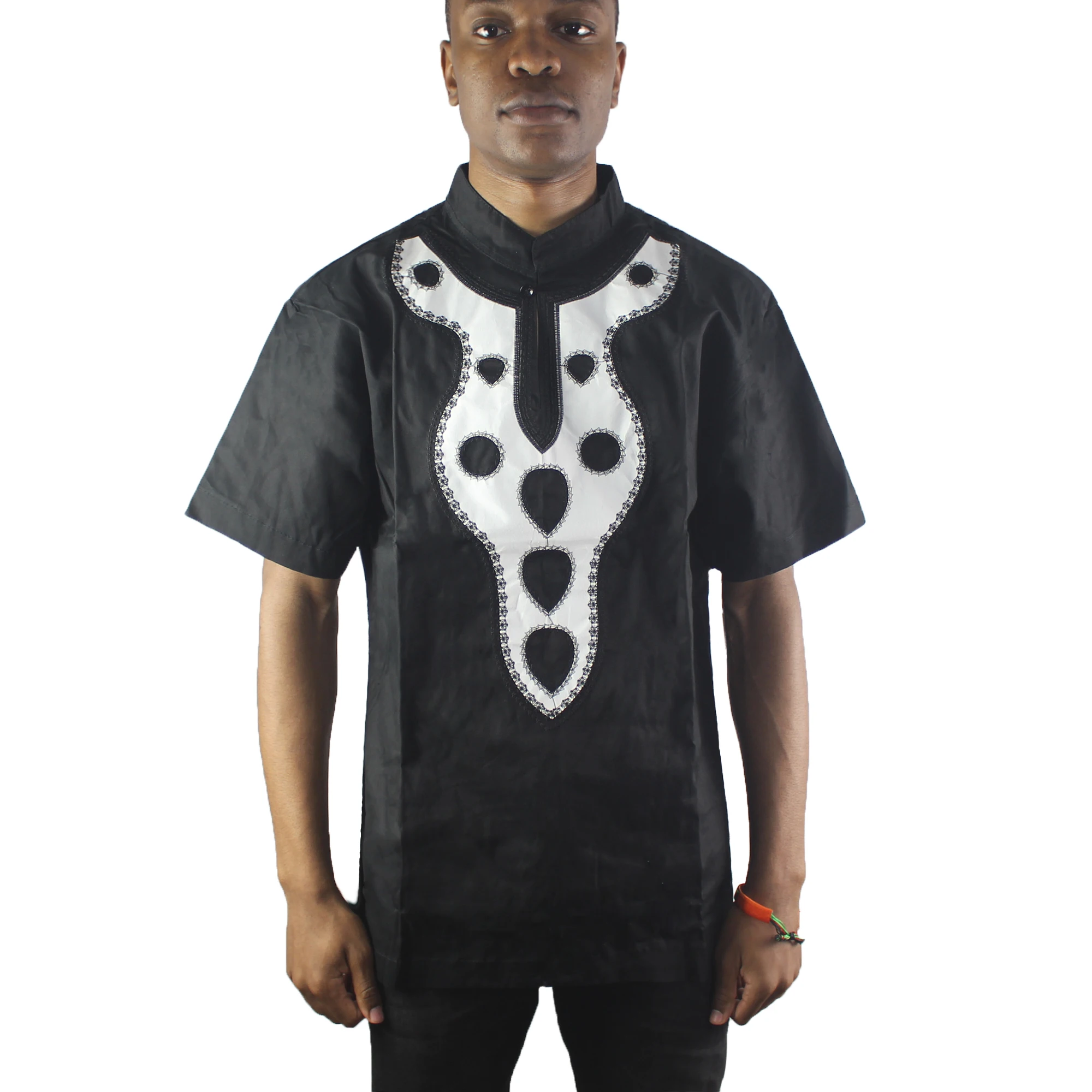 

Black Ethnic Embroidery Men`s Dashiki Tops Mandarin Collar Folk Shirts for Male Summer Wearing