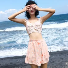 Бикини с оборками женский купальник с рисунком купальные трусы на завязках короткий топ бикини купальный костюм купальная Одежда для девочек юбка