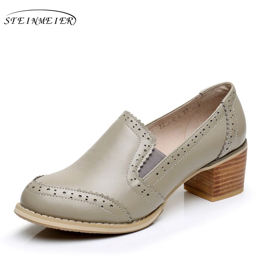 Женская обувь из натуральной кожи; американский размер 9; дизайнерские винтажные туфли на высоком каблуке с круглым носком ручной работы; цвет серый, черный; туфли-лодочки с мехом - Цвет: grey