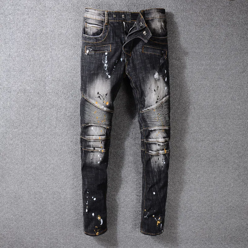 

Fashion Streetwear Men Jeans Black Gray Retro Wash Slim Fit Ripped Jeans Men Spliced Paint Designer Printed Pants Biker Jeans