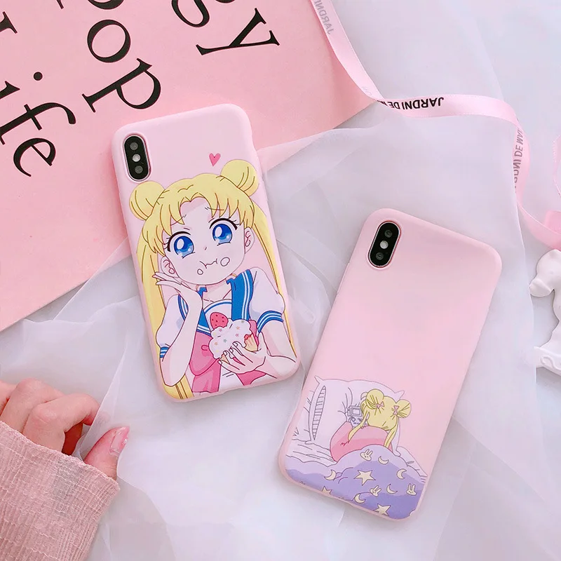 

Pink Japanese Anime Kawaii Sailor Moon Phone Case For iPhone 6 6 Puls 6S 7 8 Puls X XS Max XR Cases TPU Soft Back Cover Coque