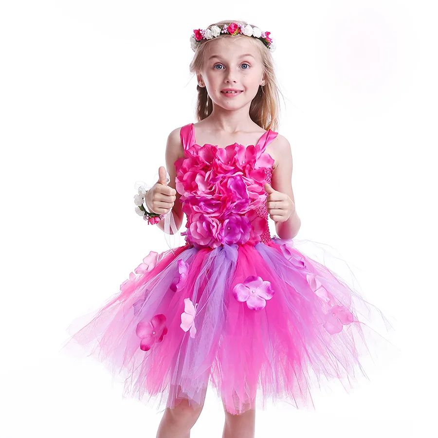 Girls Pink Purple Flowers Tutu Dress Summer Children Crochet Bodice Tulle Clothes (3)