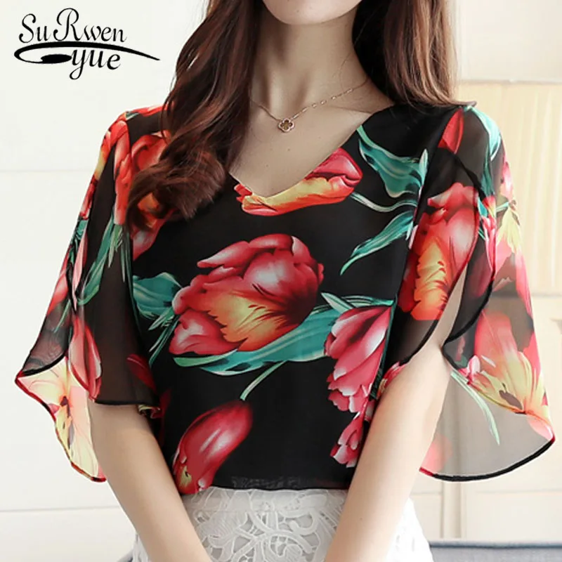 Модная шифоновая блузка женская рубашка Летняя с расклешенными рукавами плюс