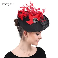 Women party tea hats chapeau caps ladies elegant Red feather fascinators headwear hair clips kenducky occasion church headpiece