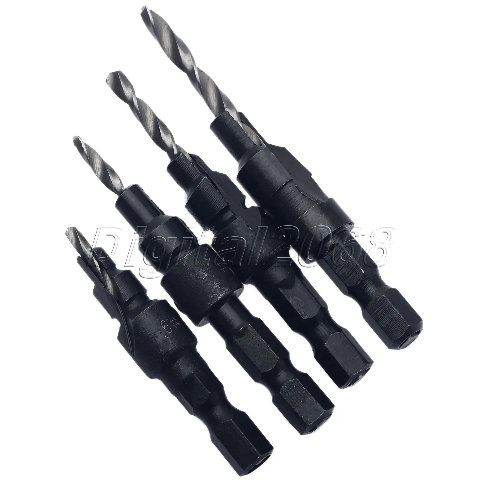 

4pcs Quick Change 1/4" Hex Shank HSS Tapered Hardened Countersink Cone Drill Bit Set Hole Saw Woodworking Tool+Wrench #6/8/10/12