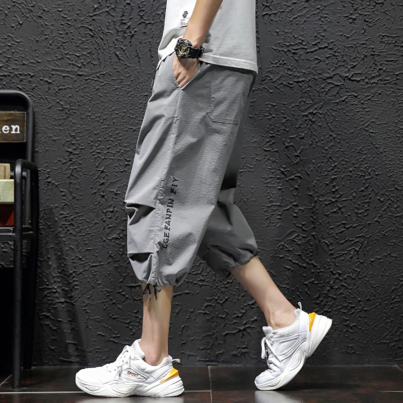 

Solid Color Calf-Length Pants Printing Men's Pants Elastic Waist Large Size Black Gray Calf-Length Pants