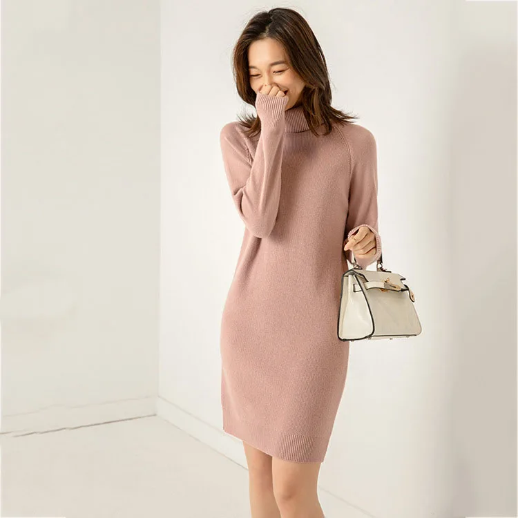 

Pink Sweater Turtleneck Dress Jumper Autumn Winter Solid High Collar Thick Slim Knitted Dresses Women's Clothing High Quality