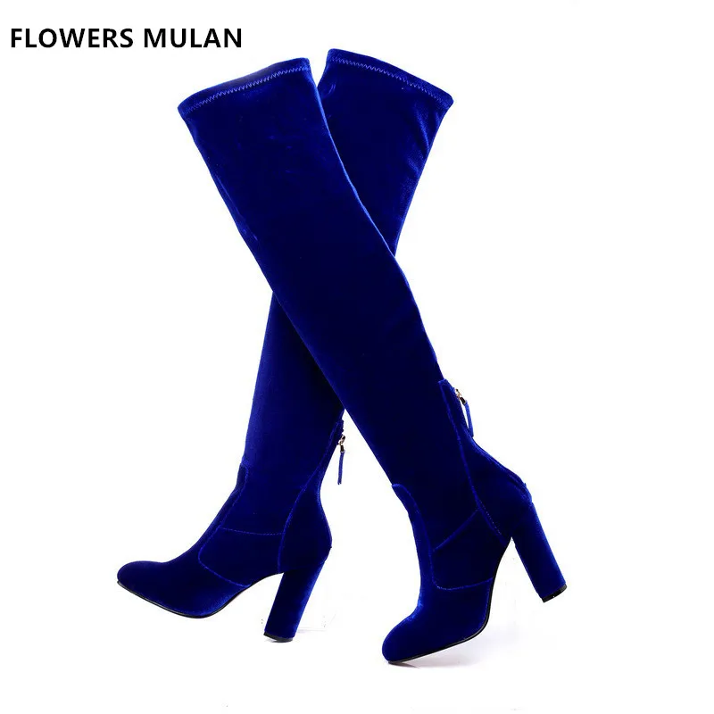 Top Quality Blue Wine Red Luxury Velvet Upper Sexy Pointed Toe Women Boots Back Zip Over The Knee Long Boots High Square Heel Top Quality Blue Wine Red Luxury Velvet Upper Sexy Pointed Toe Women Boots Back Zip Over The Knee Long Boots High Square Heel