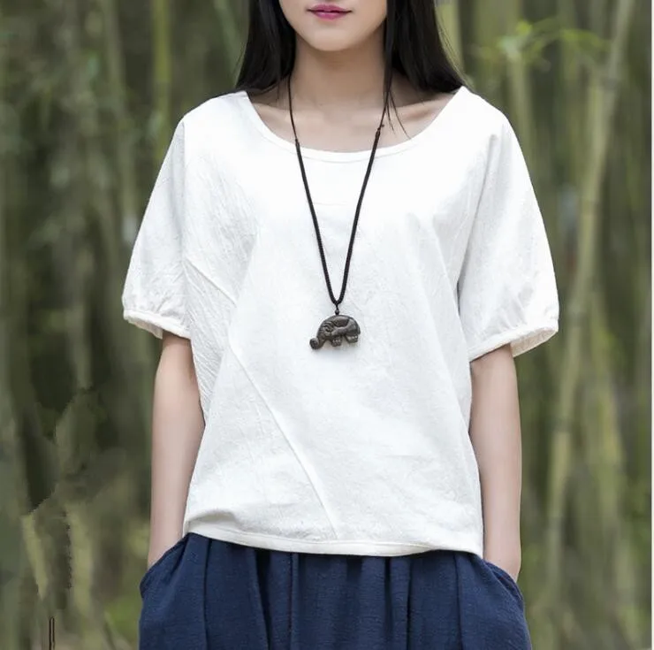 Retro White Linen T shirt Women Loose Solid O Neck Blusas Femininas