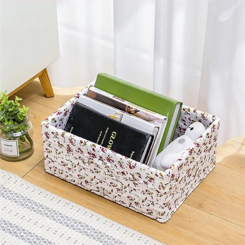 Straw storage basket with printing fabric for toys table snack neatening storage paper string box steel frame with cotton lining