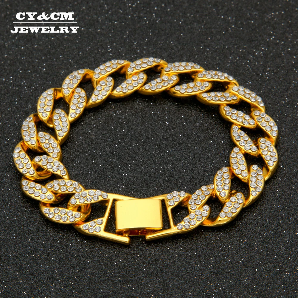 

Iced Out 15mm Women Bling Full Rhinestone Miami Cuban Link Chain Hip Hop Bracelet Bangle Gold Silver Bracelets Jewelry for Men