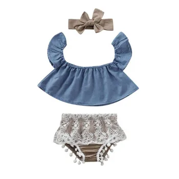

Neworn Baby Girl Clothes Set Sweet Baby Girls Short Sleeve Off Shoulder Denim Crop Tops T-Shirt Lace Shorts 2Pcs Outfits 0-18M