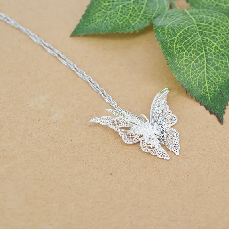 1Pc Vintage Silver Plated Necklaces & Pendants Shellhard Fashion Crystal Butterfly Pendant For Women Girls Jewelry Kolye Gift