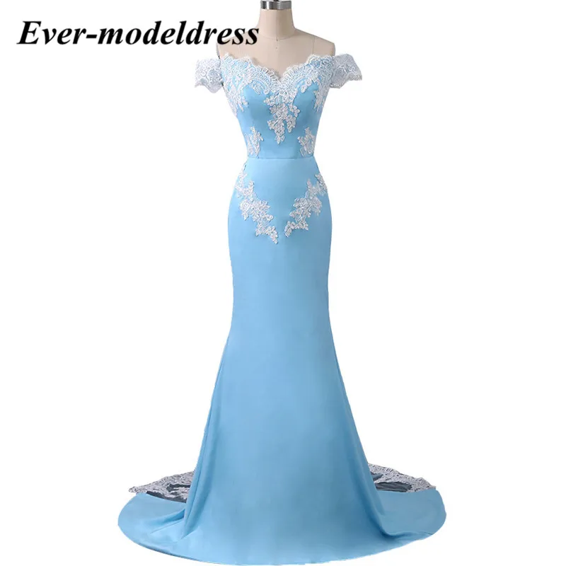 Розовые платья подружки невесты с открытыми плечами с аппликацией, кружевные Длинные свадебные вечерние платья подружки невесты, недорогие платья - Цвет: Sky Blue