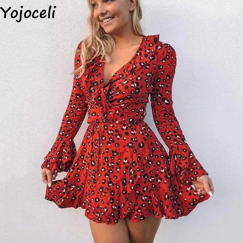 Yojoceli элегантное Плиссированное сексуальное красное леопардовое Платье женское
