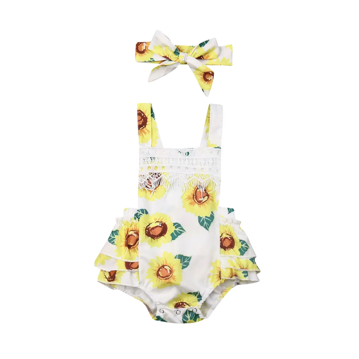 

New 2Pcs Kids Baby Girl Summer Sunflower Jumpsuit Bodysuit Headband Clothes