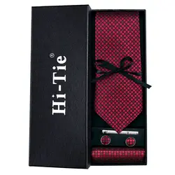 Привет-галстук мода красный плед галстук Для мужчин Шелковый neckies клип Ханки Запонки Набор Галстуки для Для мужчин Свадебная вечеринка