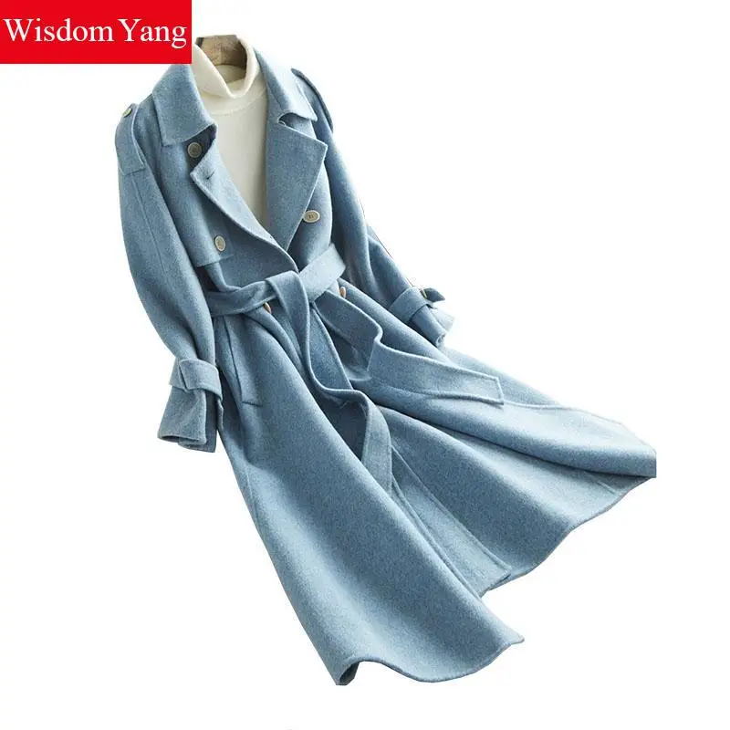 

Winter Autumn Elegant Womens Blue Sheep Wool Alpaca Coats Woman Belt Trench Oversize Long Woolen Overcoat Casual Coat Outerwear