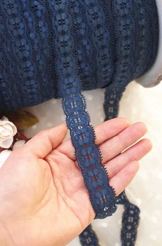 10 yards navy blue elastic lace trim, stretch lace lace trimming, cord