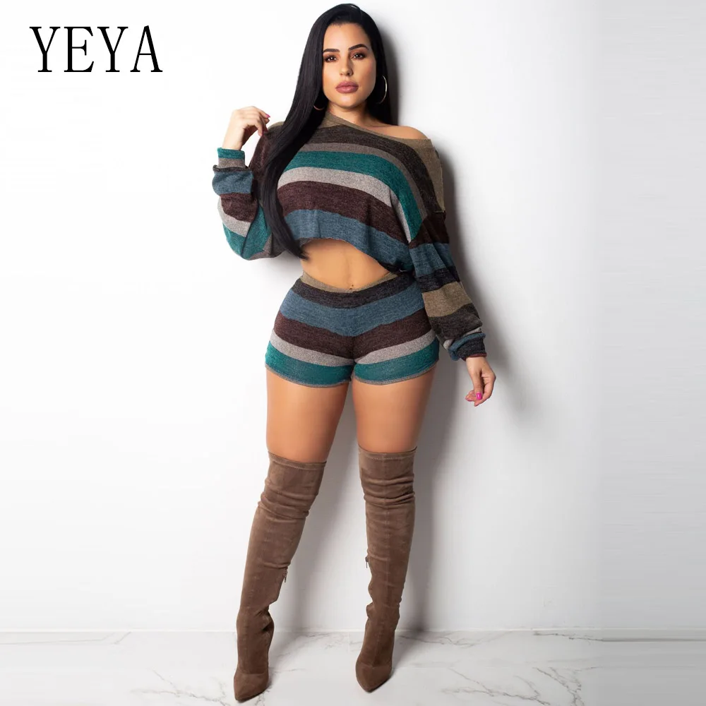 YEYA Big Size Striped Playsuit Autumn Spring Long Sleeve Casual Women Rompers Jumpsuit Short Pants Two Piece Set Overalls Female