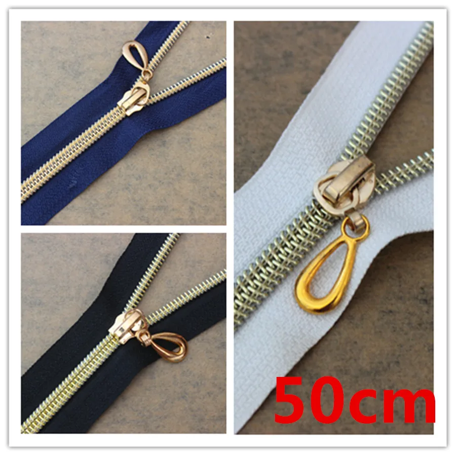 

5pieces 50cm Length Zippers Open End Metal Gold Tone Teeth Sewing Zippers For Coat Jeans