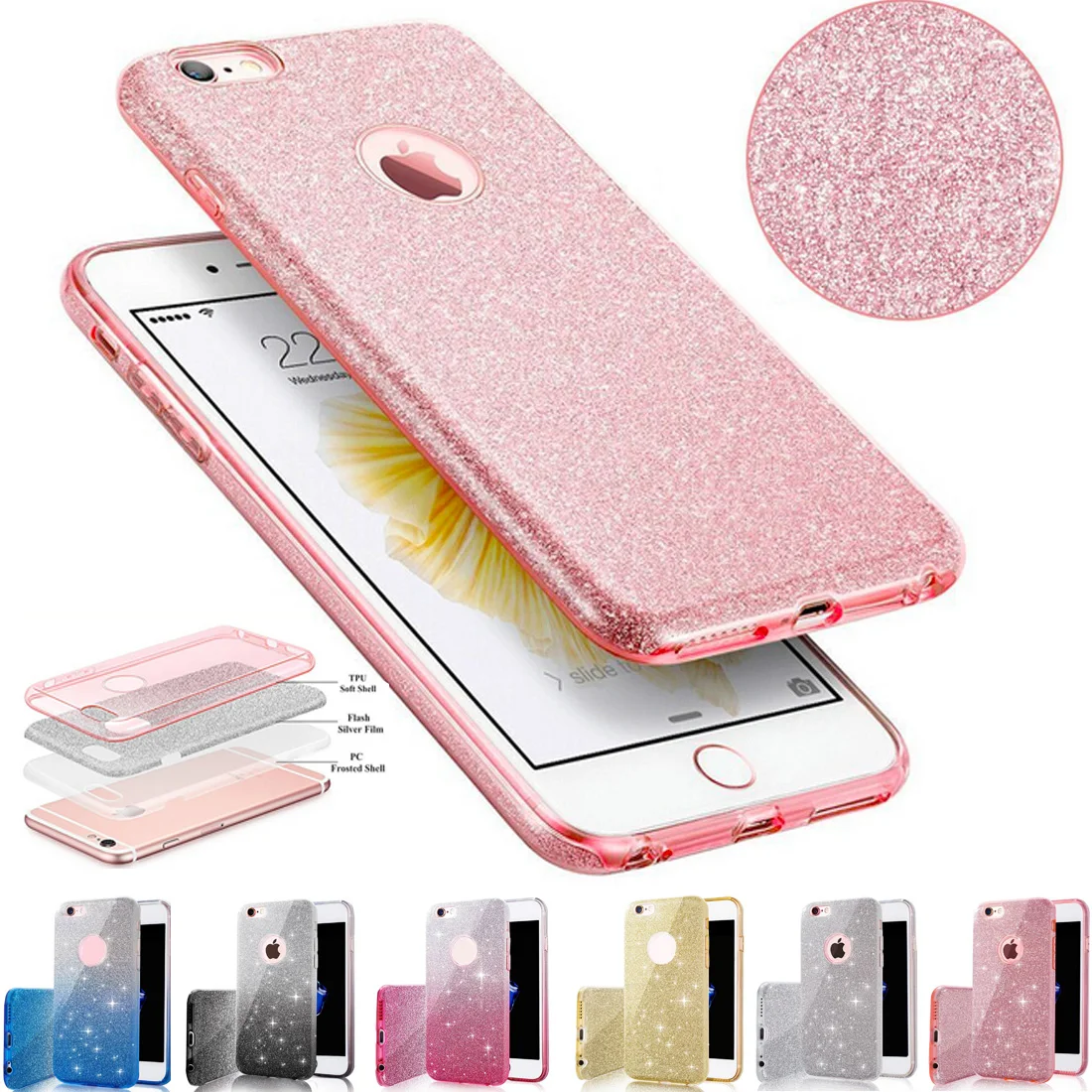 For iPhone 7 TPU Case Clear Crystal Bling Shining Girls Women Sparkle 3 Layer Phone Cases Covers
