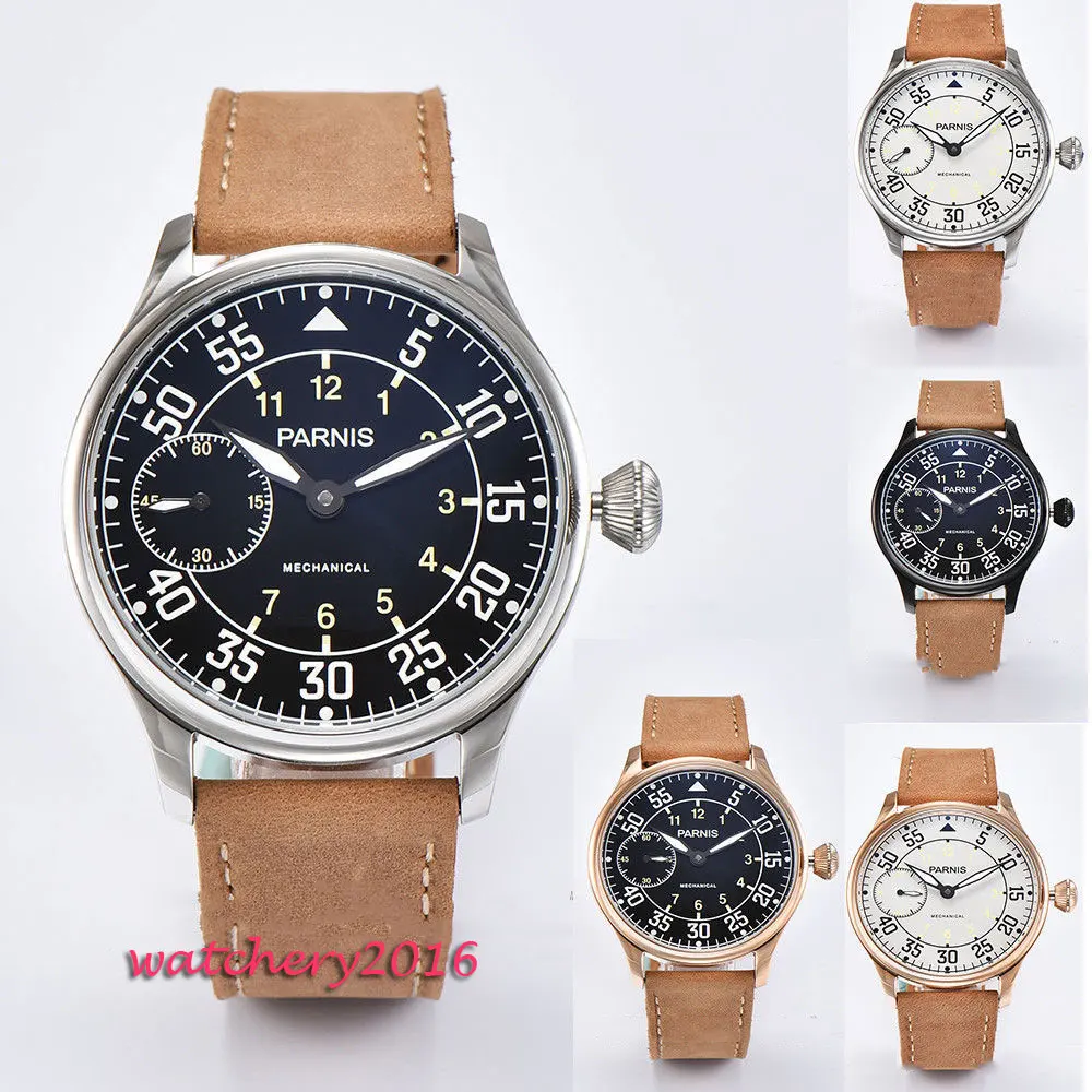 

Hot 44mm parnis white Black dial Leather strap Luminous Mark 17 jewels 6497 movement Hand Wind Mechanical Men's business Watch