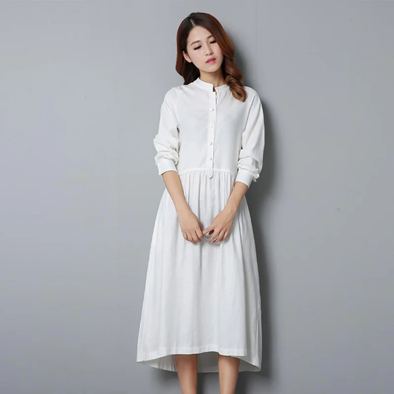 

Women Solid Color Dress Cotton Linen Robes High Waist Dress 2019 Spring New Stand Long Sleeve Loose High Quality Women Dress