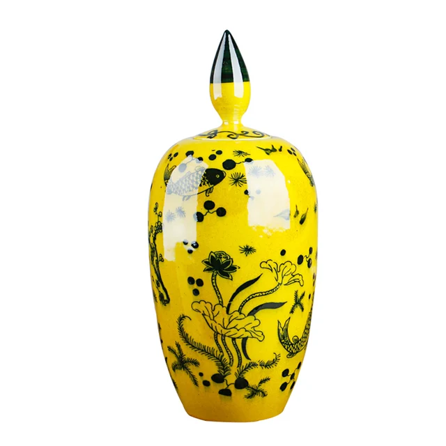 Antique Jade Kylin Green Glaze Jar Tank Yellow Vase Flowers Hat-covered Ginger Jars Ornament Creative Gift 1