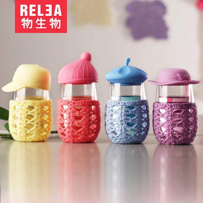 New Hot! Hat Cup Double layer Glass Cup Water Bottle with Lid with Wool