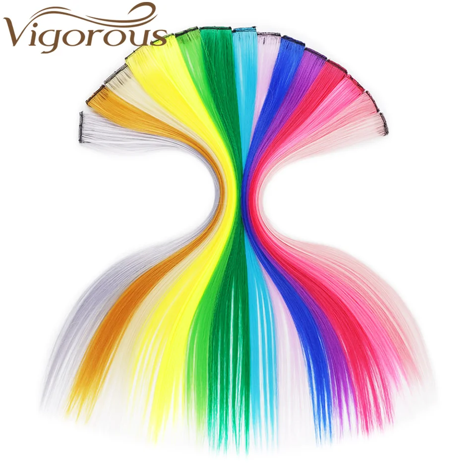 

Vigorous Long Straight Clip In One Piece Hair Extensions 20 Inch Synthetic Two Tone Fake Hair for Women Girls