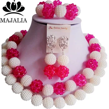 

Majalia Fashion Nigeria Wedding African Beads Jewelry Set White and Hot pink Crystal Necklace Bridal Jewelry Sets 2CT012