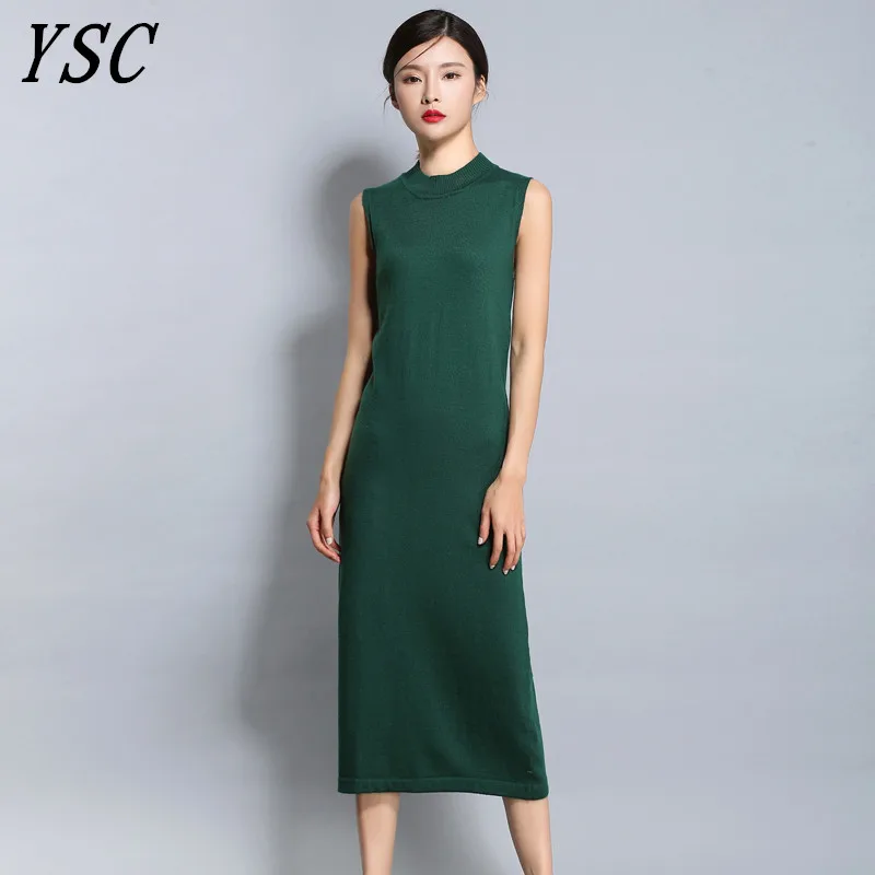 

YUNSHUCLOSET spring and autumn Women's Knitted Cashmere Wool Dress Sleeveless Long style Solid color Dress Free Shipping