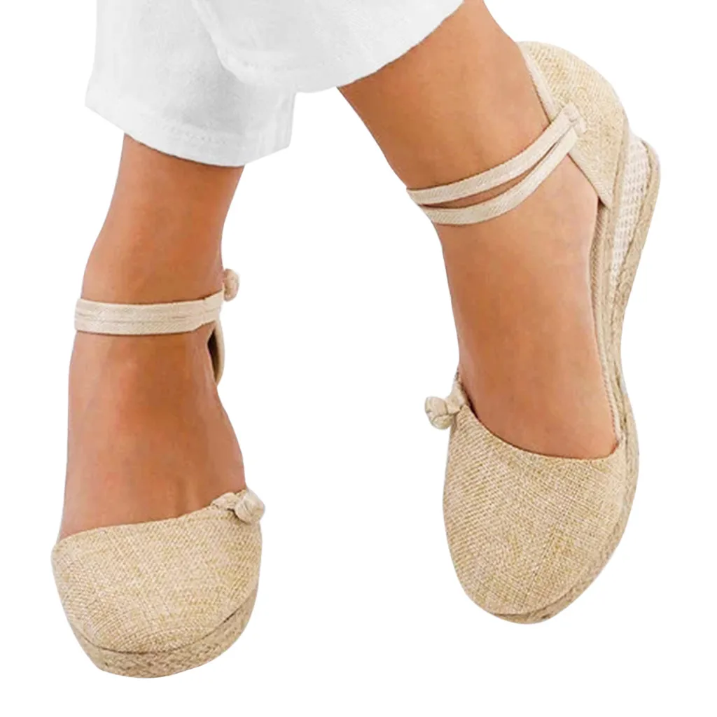 Для женщин женские ретро старинные сандалии льняной холст босоножки на танкетке круглый носок Повседневное сандалии на тонком каблуке, из дышащего материала на плоской подошве, туфли на тонкой подошве