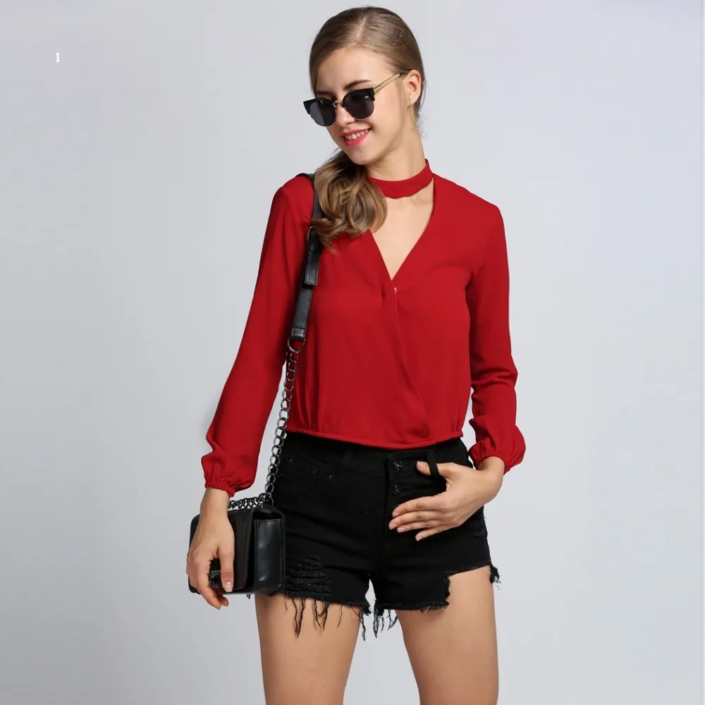 Blouse Femme font b Sexy b font Choker Top Fashion Long Sleeve Woman Formal Shirt Autumn