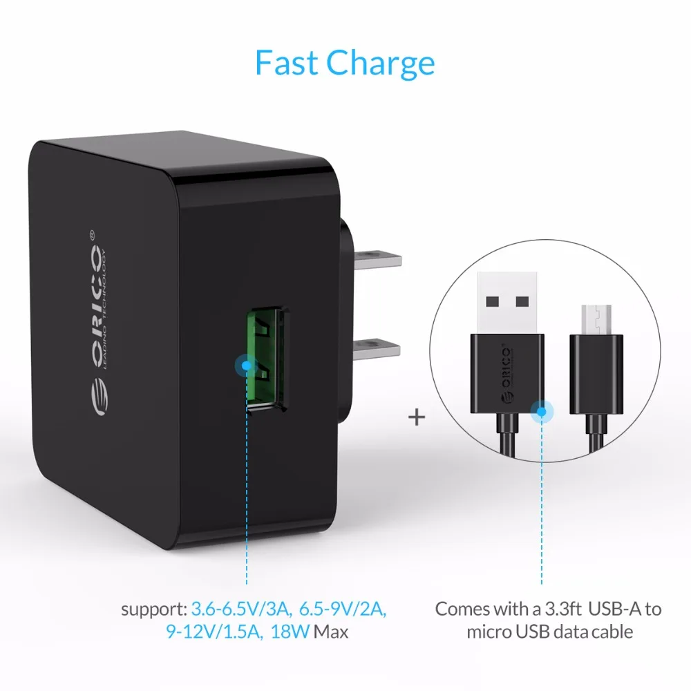 ORICO зарядное устройство для телефона Quick Charge 3,0 18 Вт Быстрое USB зарядное устройство для iPhone samsung Xiaomi huawei с бесплатным Micro USB кабелем