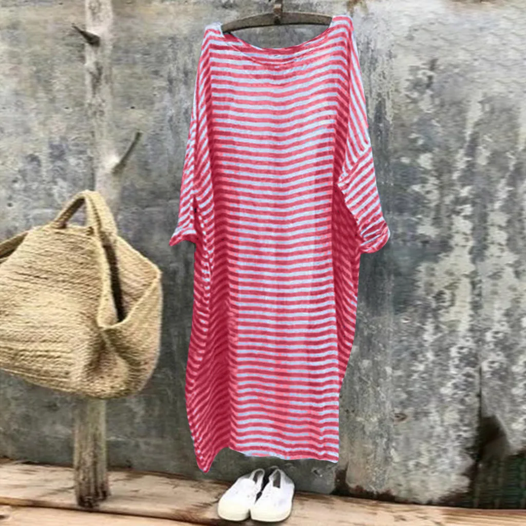

summer dresses casual vintage Women Summer Casual Loose Batwing Sleeve Stripe Print Long Maxi Dress #3py