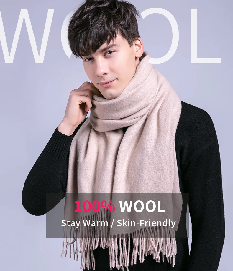 Winter Wool Cashmere Scarf For Men Warm Solid Tassels Fine Wool Scarves Male Man Fashion Wool Scarfs Big Bufandas Hombre