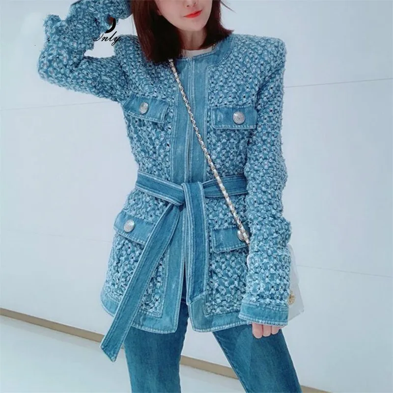 

2019 Autumn Arrival Vintage Blue Denim Jacket Long Sleeve Ripped Hole Pocket With Belt Women Streetwear Long Coat