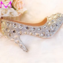 Silver Wedding Shoes Clear Rhinestone Platform Closed Toe 3 ” Bridal Shoes Crystal Pumps European Party Prom Heels All Size